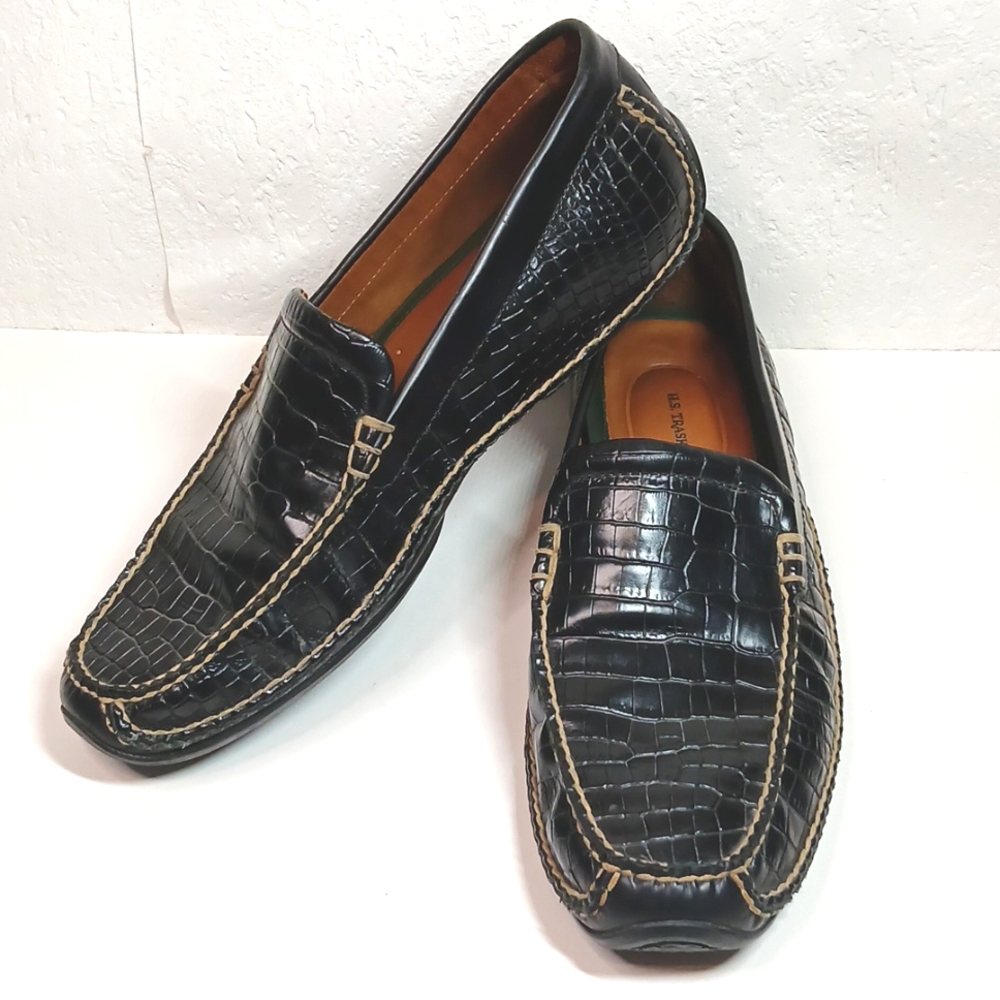 H.S. Trask Vibram Mens Black Driving Loafers Slip on Crocodile Pattern Loafers